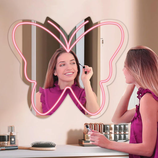 Anime Butterfly Mirror with Light Neon Signs for Locker Room Living Room Girl's Bedroom, Cute Acrylic Mirror with Dimmable for Girl Gifts, Wall Mirror - Deen neon