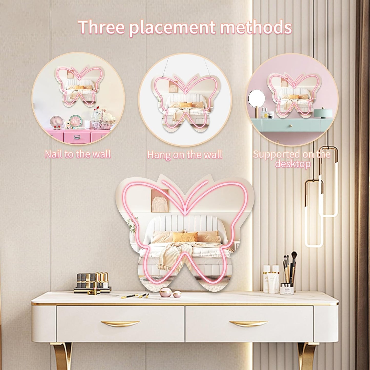 Anime Butterfly Mirror with Light Neon Signs for Locker Room Living Room Girl's Bedroom, Cute Acrylic Mirror with Dimmable for Girl Gifts, Wall Mirror - Deen neon