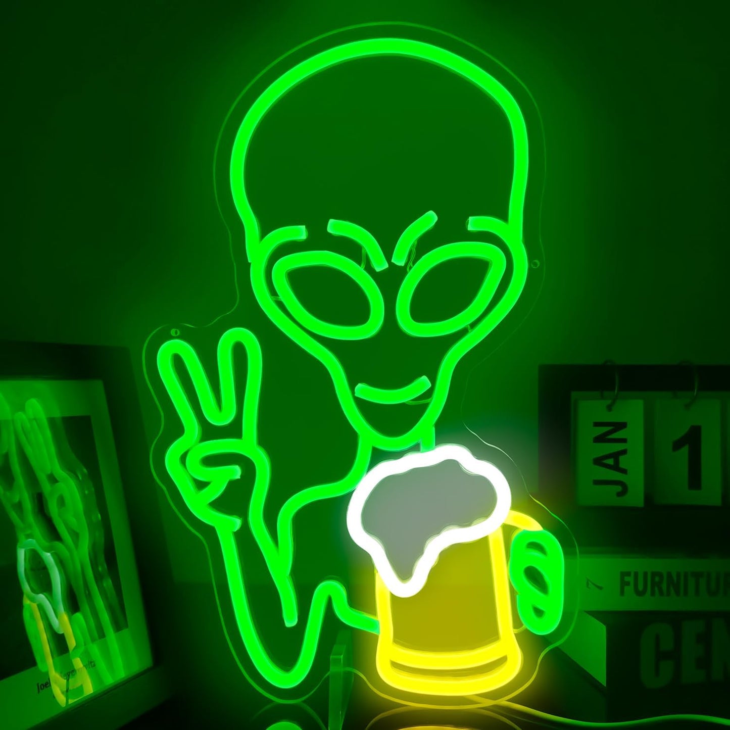 LED neon sign of a glowing alien holding a drink and making a peace sign, ideal for bars, parties, and sci-fi room decor