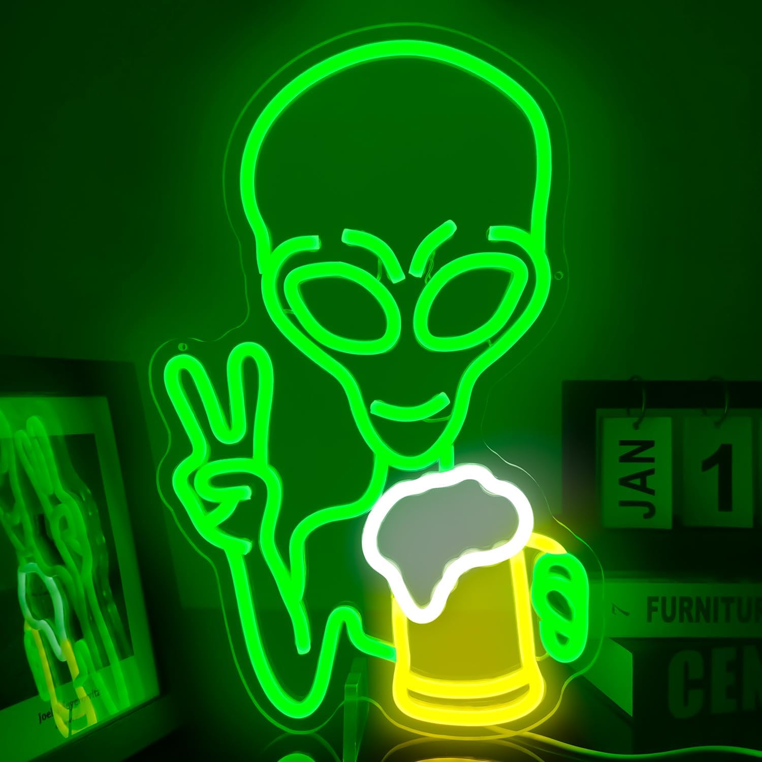 LED neon sign of a glowing alien holding a drink and making a peace sign, ideal for bars, parties, and sci-fi room decor
