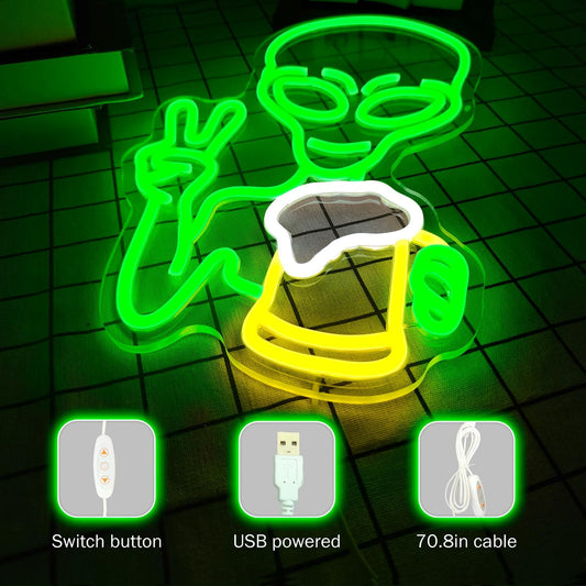 LED neon sign of a glowing alien holding a drink and making a peace sign, ideal for bars, parties, and sci-fi room decor