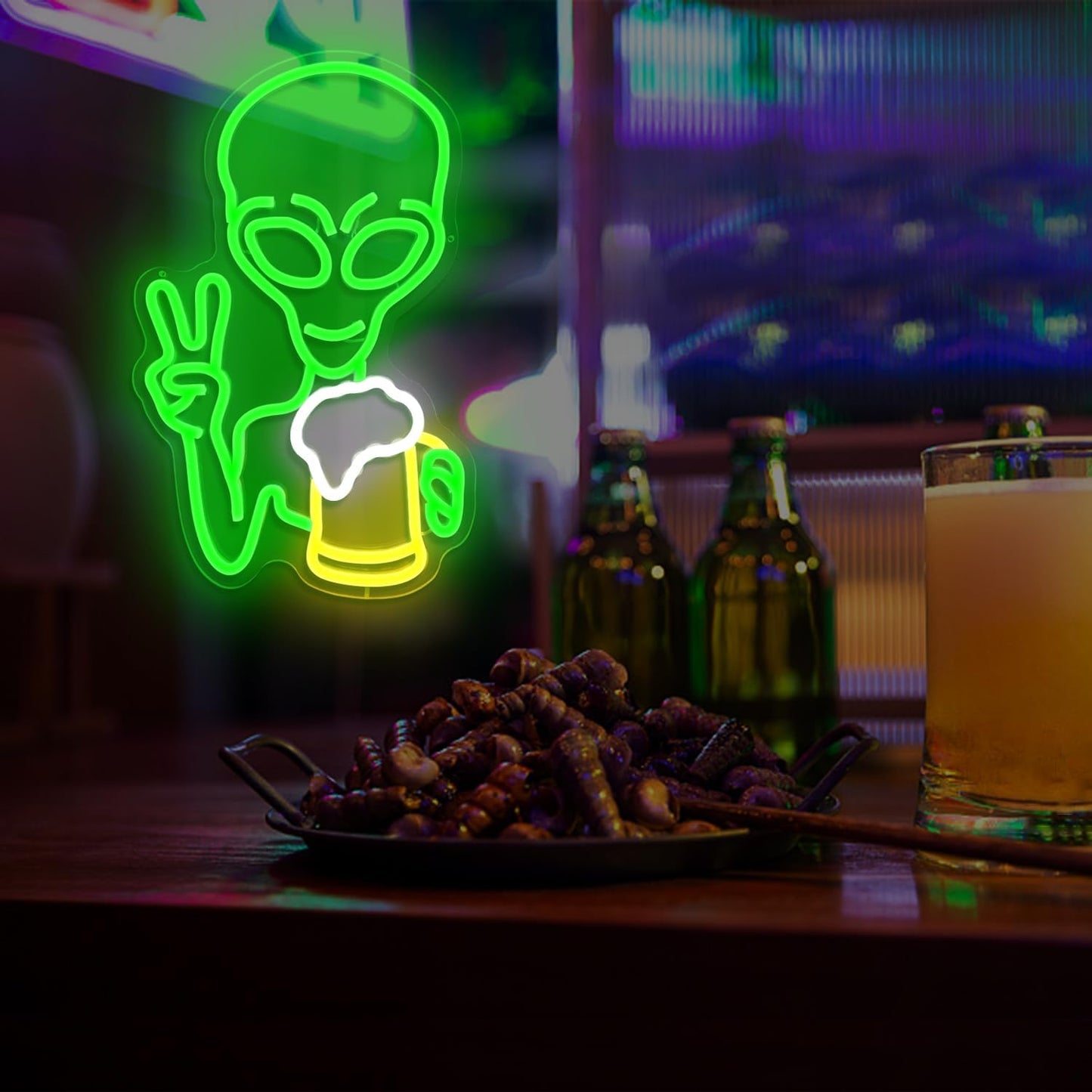 LED neon sign of a glowing alien holding a drink and making a peace sign, ideal for bars, parties, and sci-fi room decor