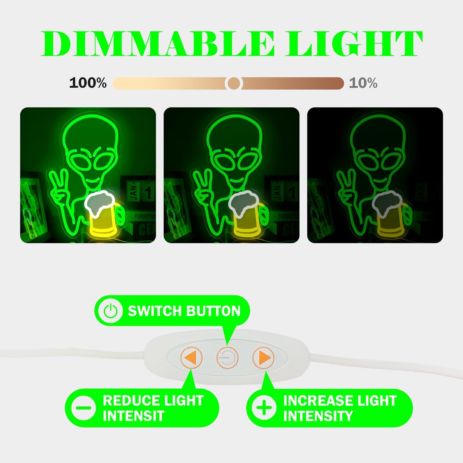 LED neon sign of a glowing alien holding a drink and making a peace sign, ideal for bars, parties, and sci-fi room decor