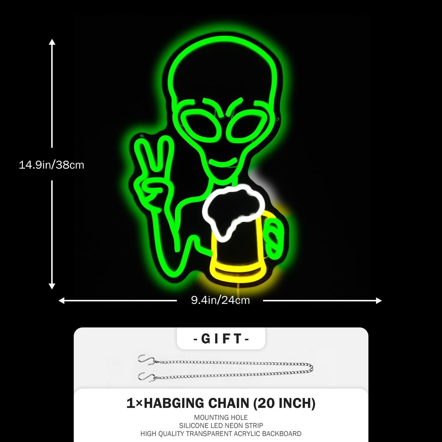 LED neon sign of a glowing alien holding a drink and making a peace sign, ideal for bars, parties, and sci-fi room decor