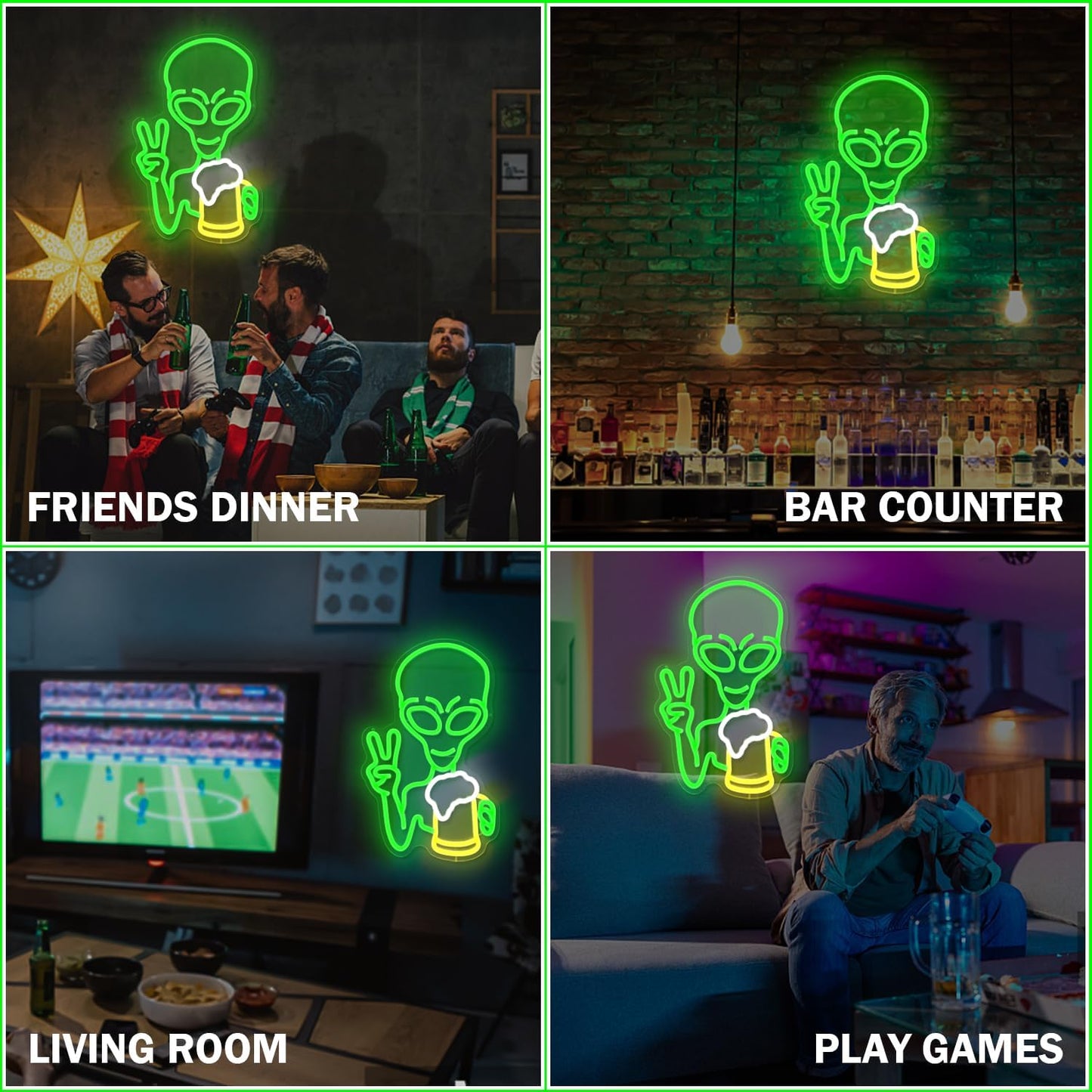 LED neon sign of a glowing alien holding a drink and making a peace sign, ideal for bars, parties, and sci-fi room decor