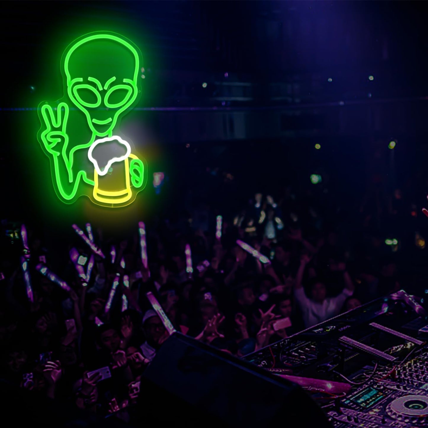 Alien Neon Sign with Drink & Peace Hand – LED Wall Light for Bars & Parties