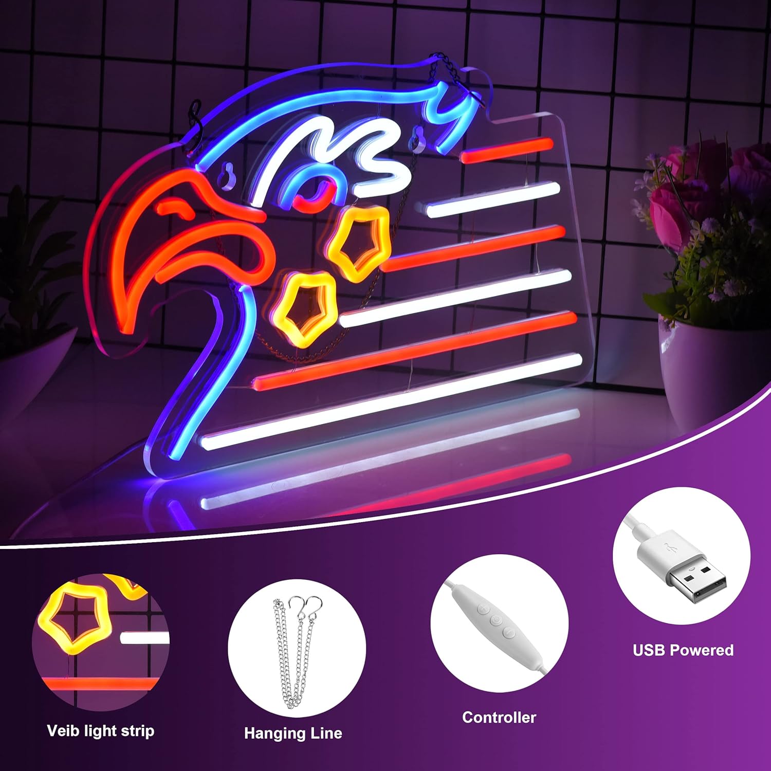LED neon sign with American eagle and flag design for patriotic wall decor