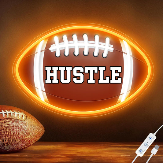 Neon sign shaped like a football with “HUSTLE” UV print