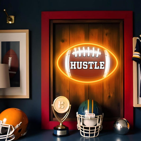 Neon sign shaped like a football with “HUSTLE” UV print