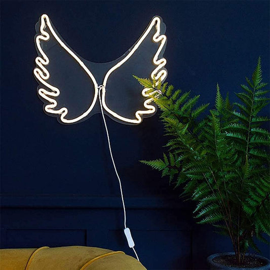 Glowing angel wings neon sign wall light – perfect for bedroom or studio decor

