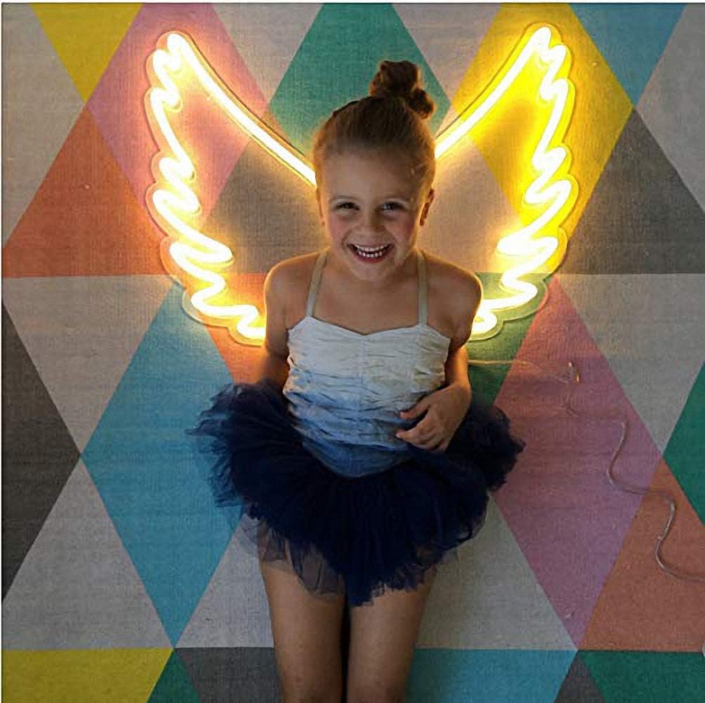 Glowing angel wings neon sign wall light – perfect for bedroom or studio decor

