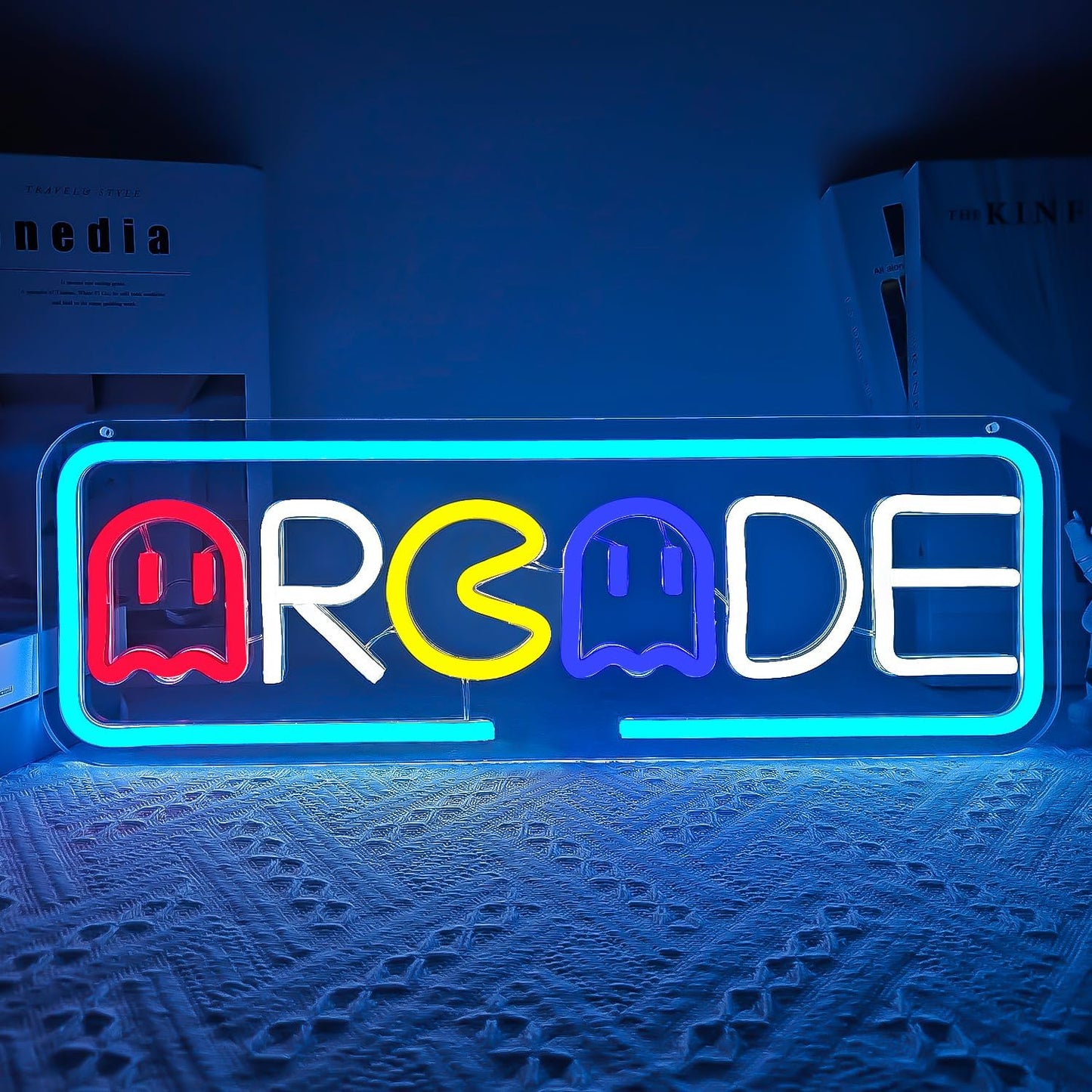 Arcade Neon Sign with Pac-Man Design – Blue Retro LED Wall Light for Gamer Rooms or Game Bars