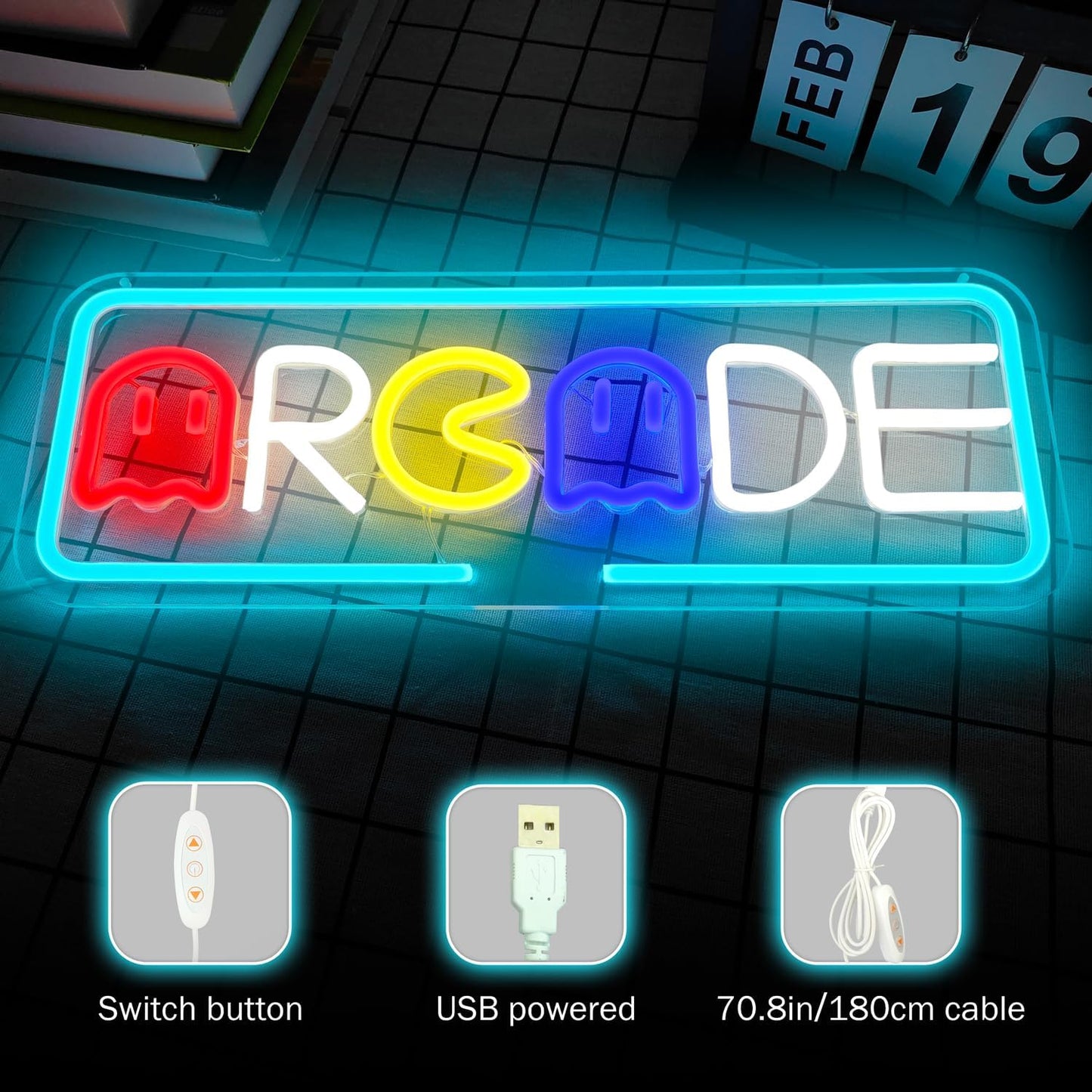 Arcade Neon Sign with Pac-Man Design – Blue Retro LED Wall Light for Gamer Rooms or Game Bars