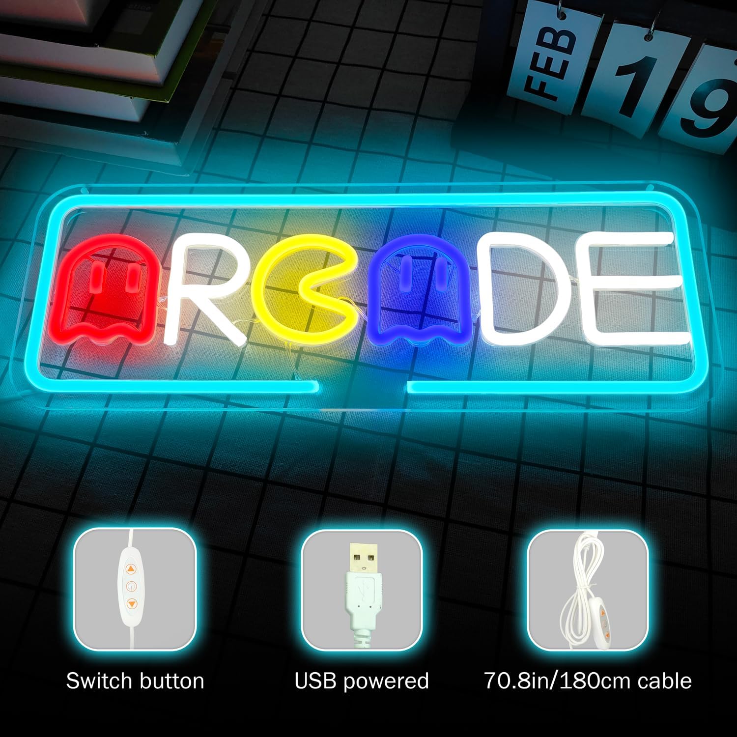 Arcade Neon Sign with Pac-Man Design – Blue Retro LED Wall Light for Gamer Rooms or Game Bars