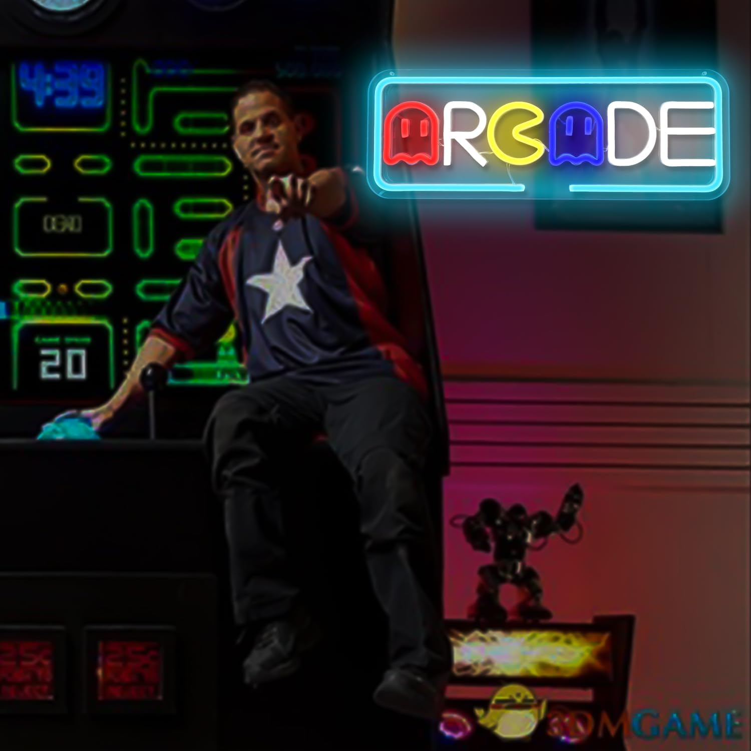 Arcade Neon Sign with Pac-Man Design – Blue Retro LED Wall Light for Gamer Rooms or Game Bars