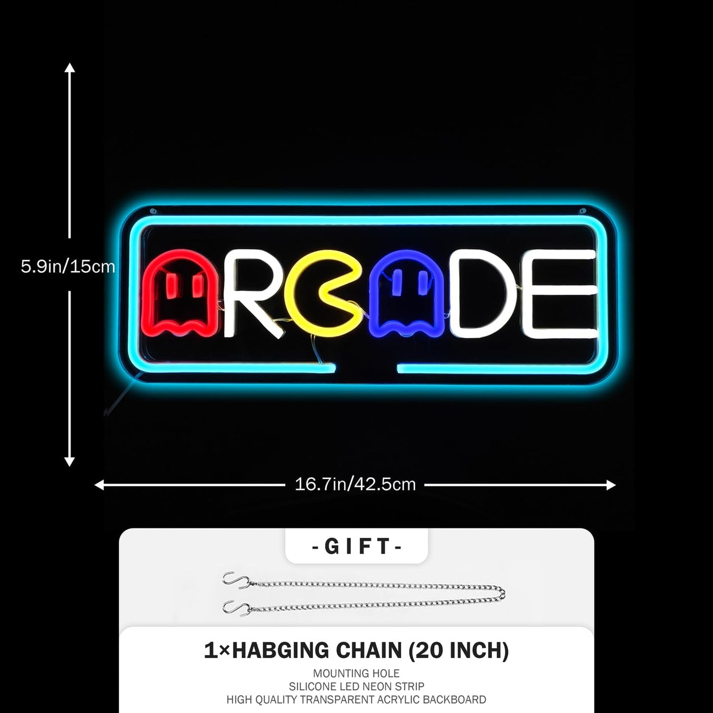 Arcade Neon Sign with Pac-Man Design – Blue Retro LED Wall Light for Gamer Rooms or Game Bars