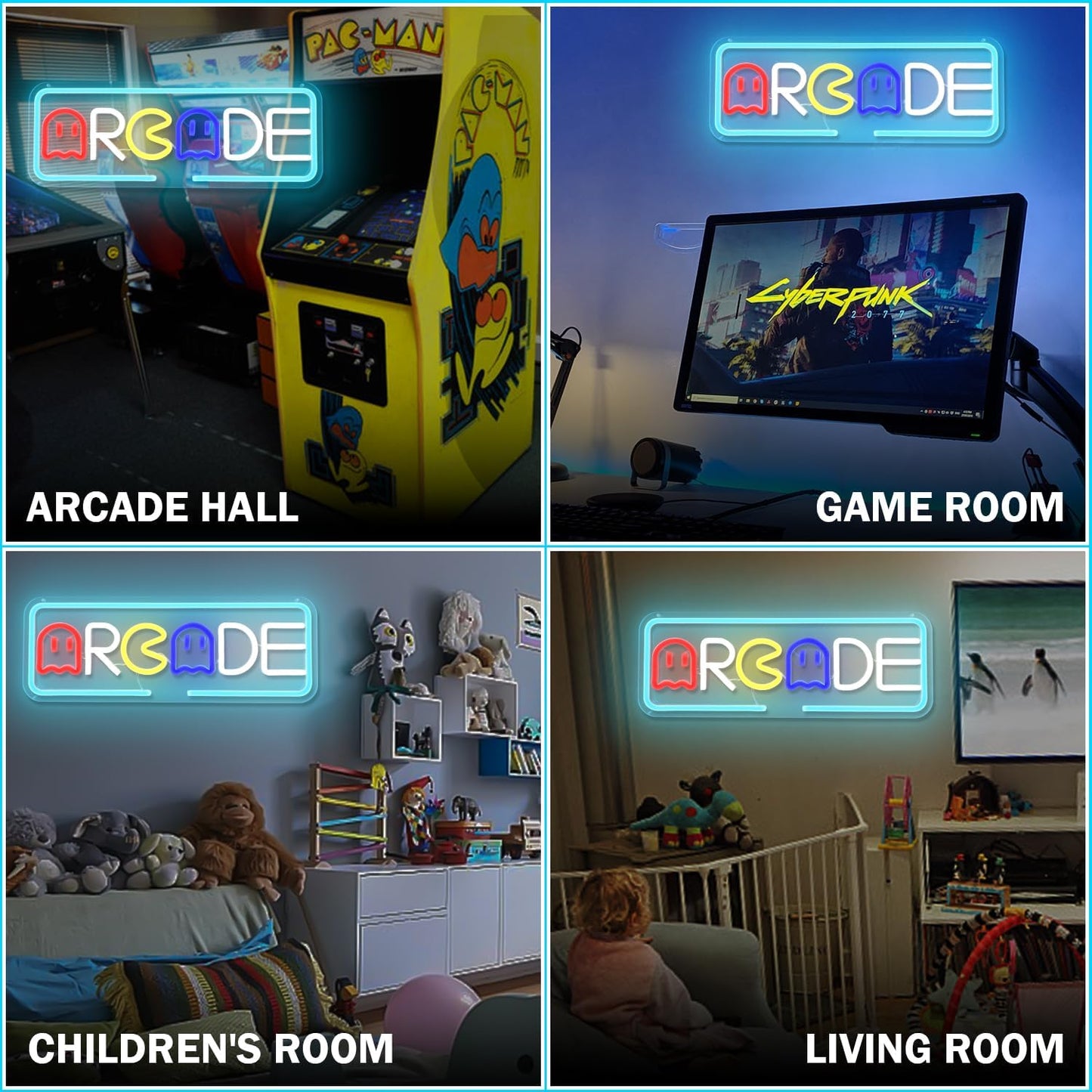 Arcade Neon Sign with Pac-Man Design – Blue Retro LED Wall Light for Gamer Rooms or Game Bars