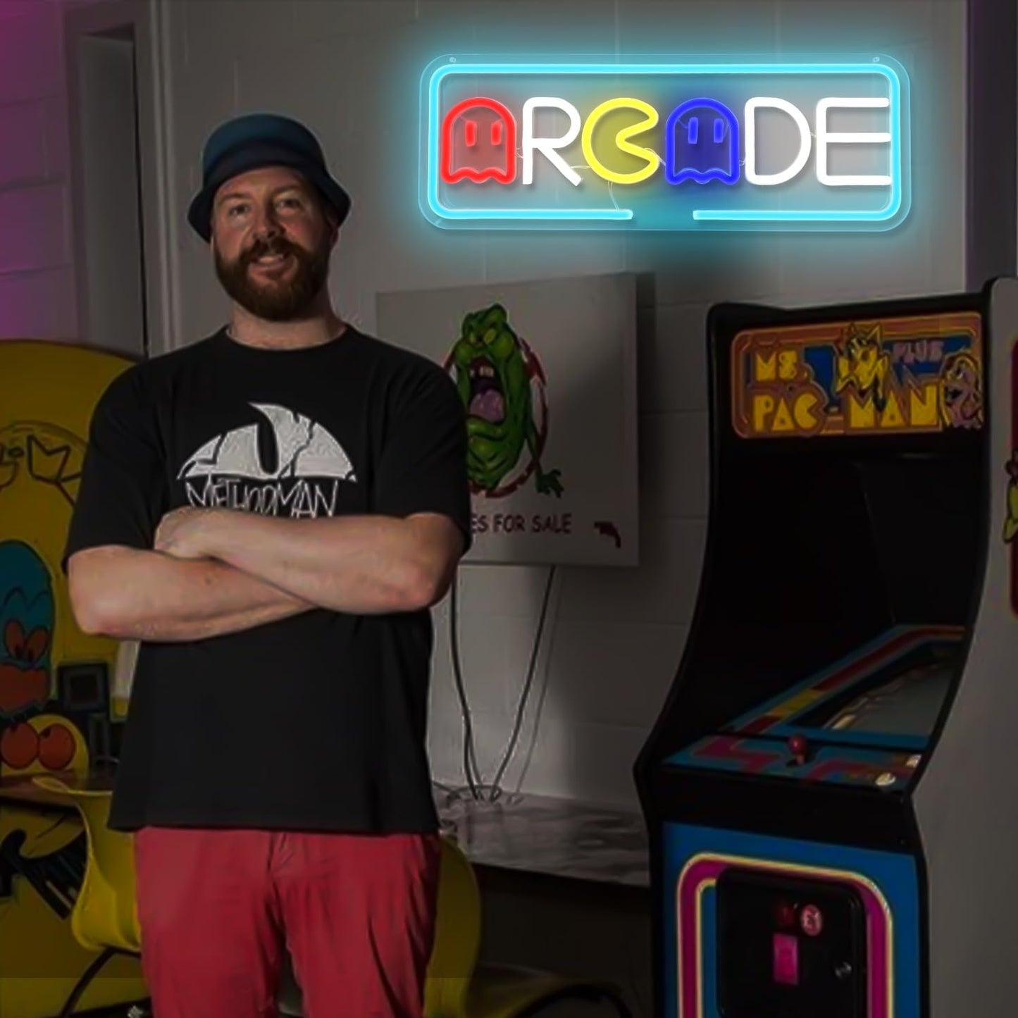 Arcade Neon Sign with Pac-Man Design – Blue Retro LED Wall Light for Gamer Rooms or Game Bars