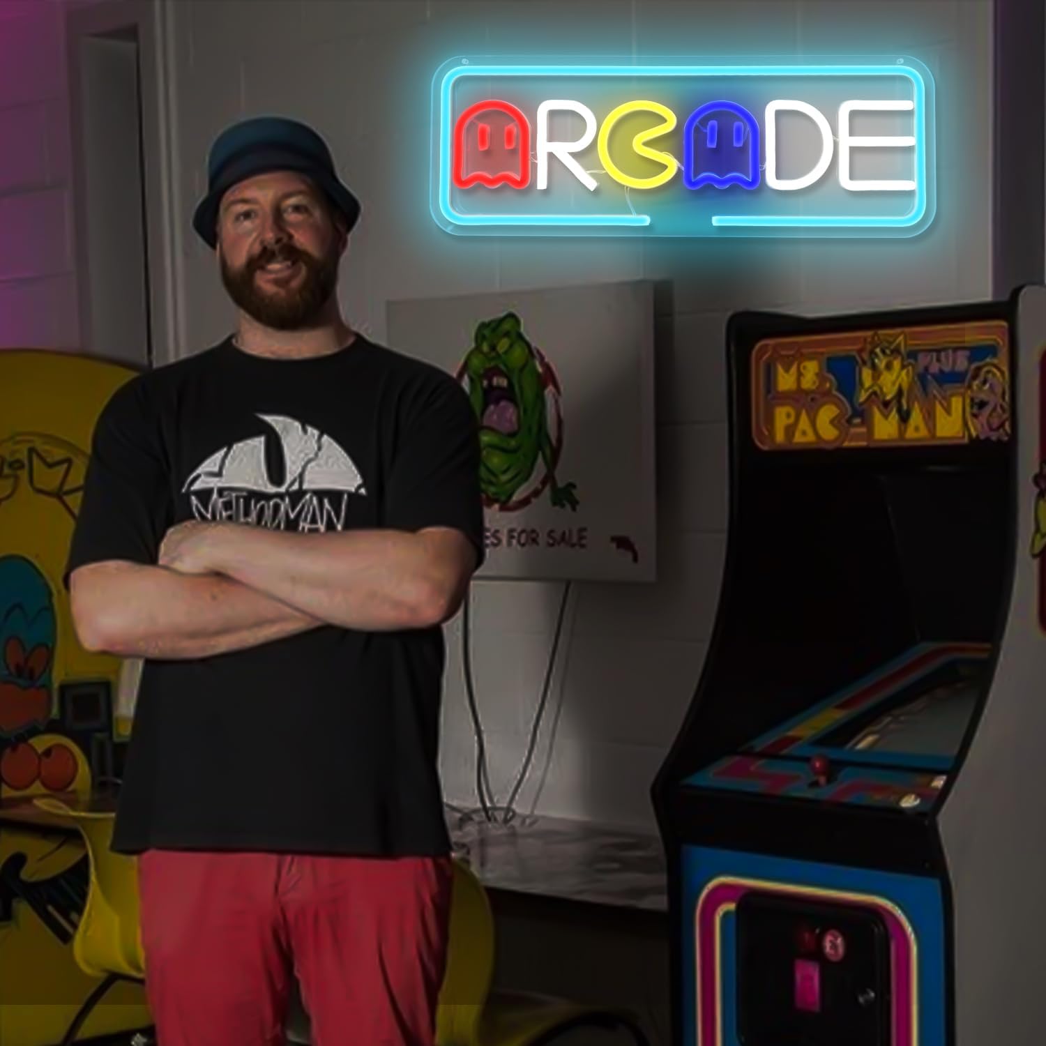 Arcade Neon Sign with Pac-Man Design – Blue Retro LED Wall Light for Gamer Rooms or Game Bars