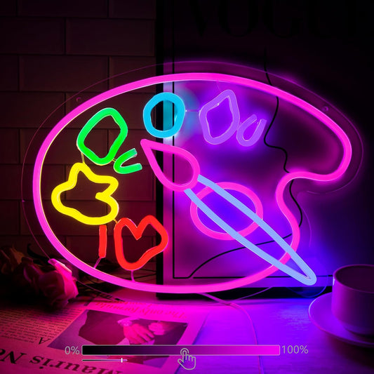 Colorful LED neon sign shaped like an artist palette and brush, perfect for art studios, creative spaces, or kids' rooms