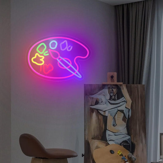 Colorful LED neon sign shaped like an artist palette and brush, perfect for art studios, creative spaces, or kids' rooms