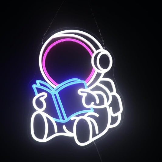 Astronaut Reading Neon Sign – LED Space Wall Decor for Book Lovers