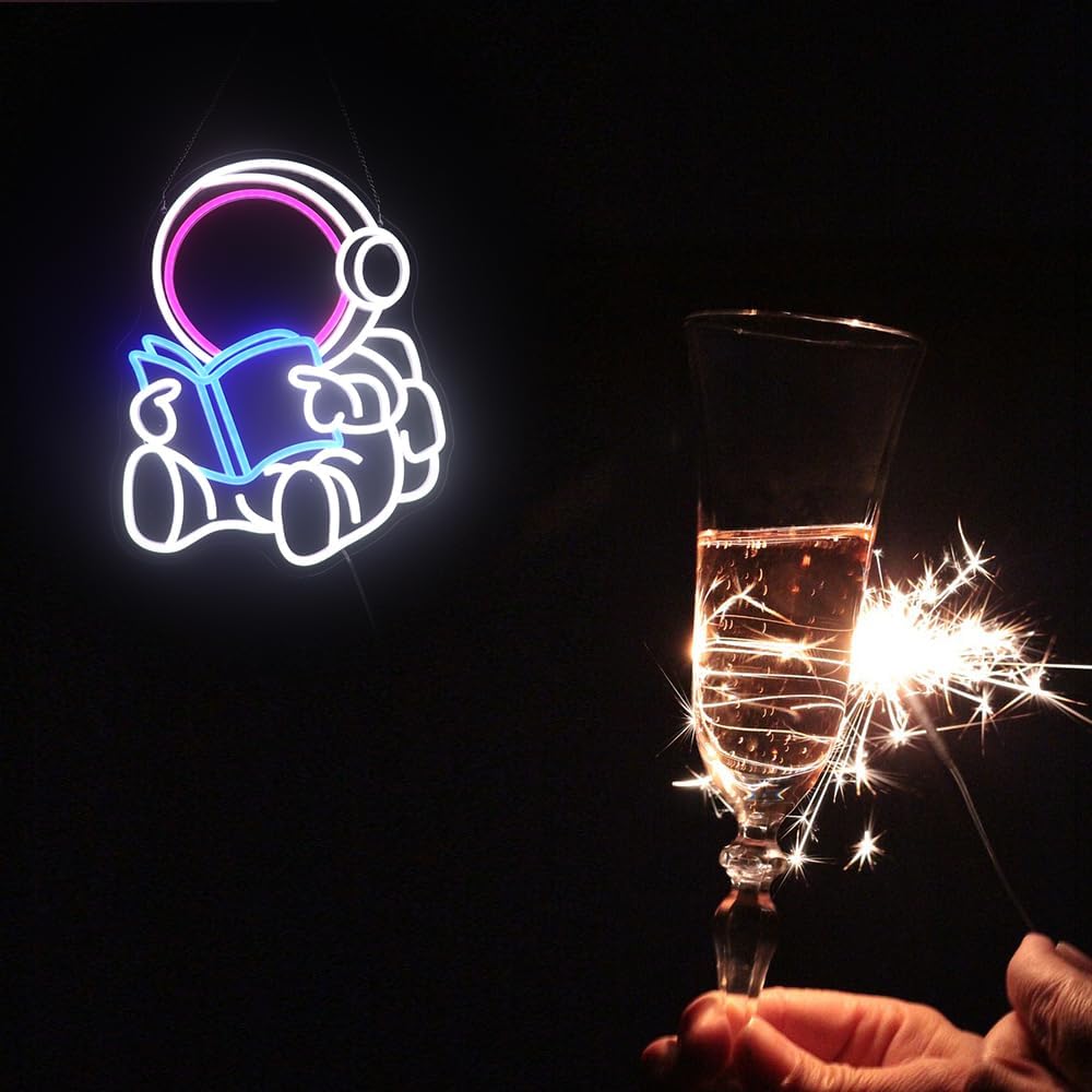 Astronaut Reading Neon Sign – LED Space Wall Decor for Book Lovers