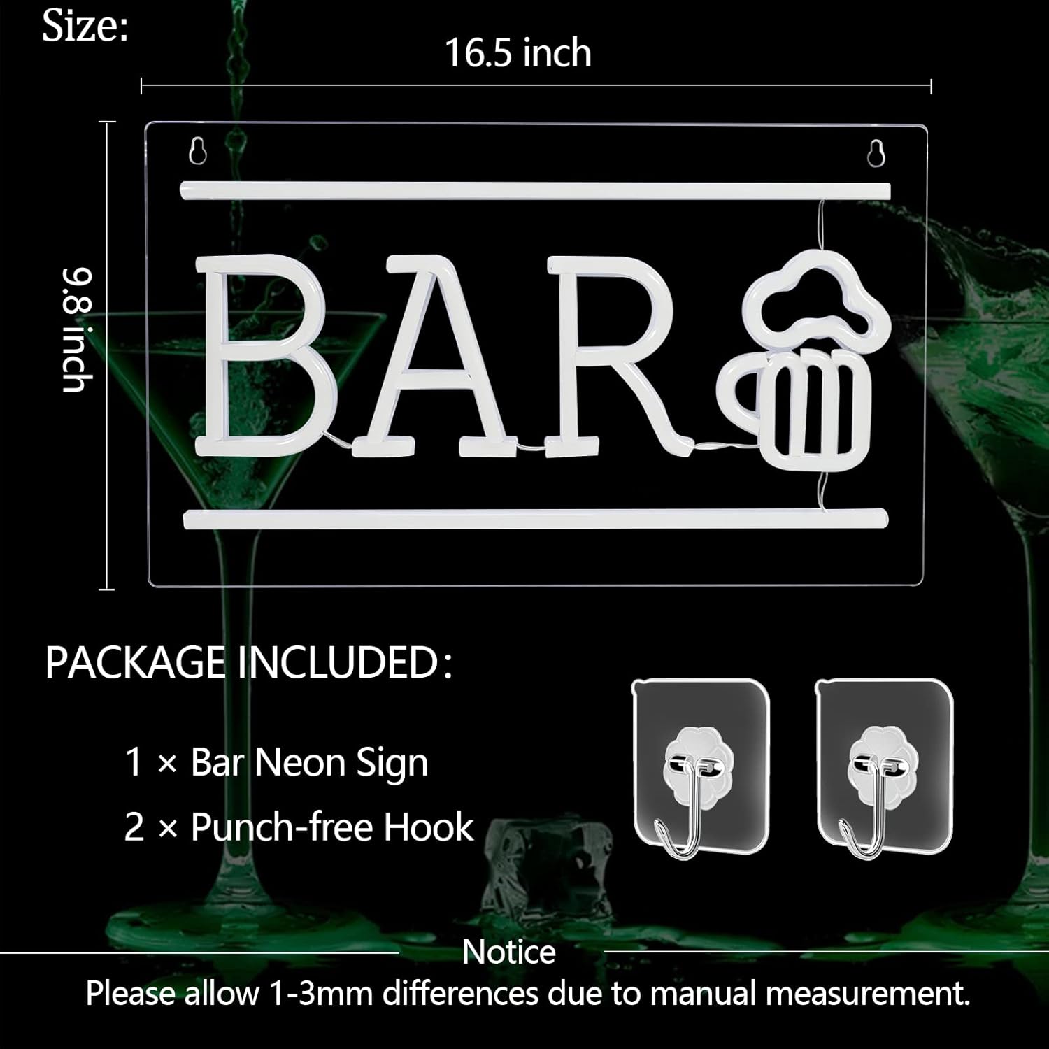 Bar Neon Sign with Beer Glass - LED Light for Home Bar, Pub & Man Cave Decor - Deen neon