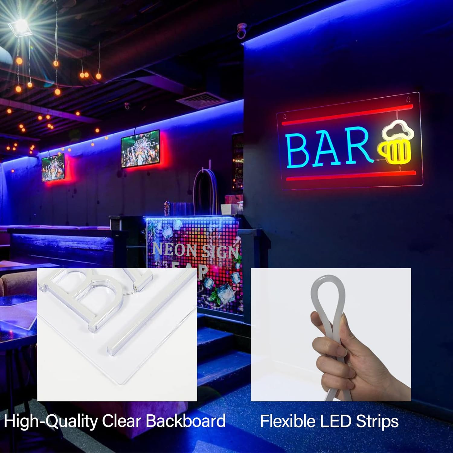 Bar Neon Sign with Beer Glass - LED Light for Home Bar, Pub & Man Cave Decor - Deen neon