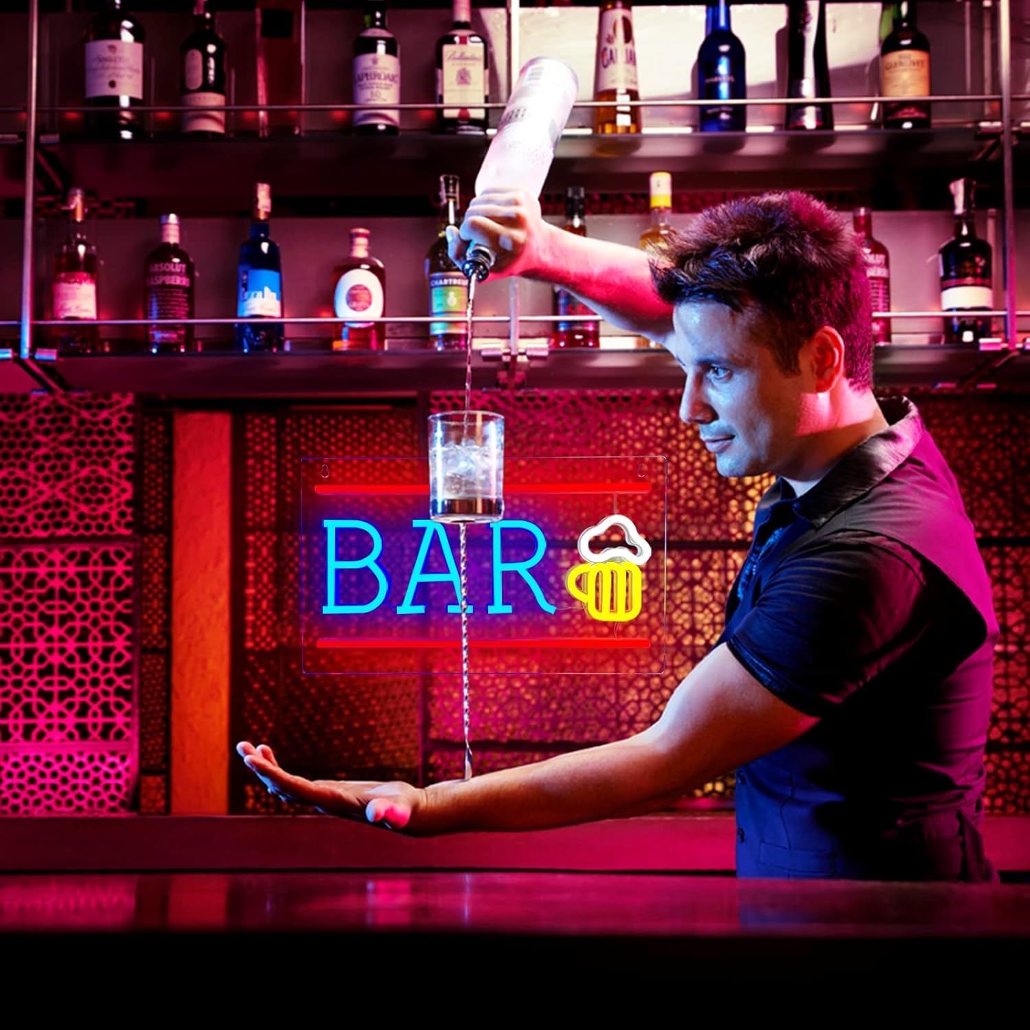 Bar Neon Sign with Beer Glass - LED Light for Home Bar, Pub & Man Cave Decor - Deen neon
