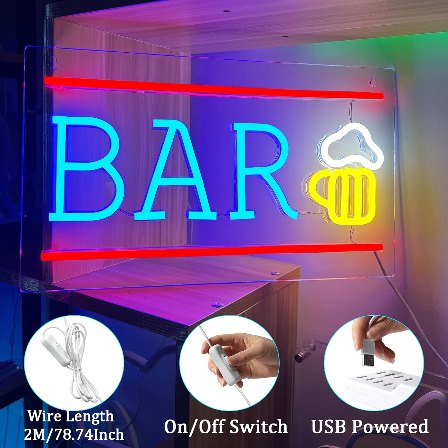 Bar Neon Sign with Beer Glass - LED Light for Home Bar, Pub & Man Cave Decor - Deen neon
