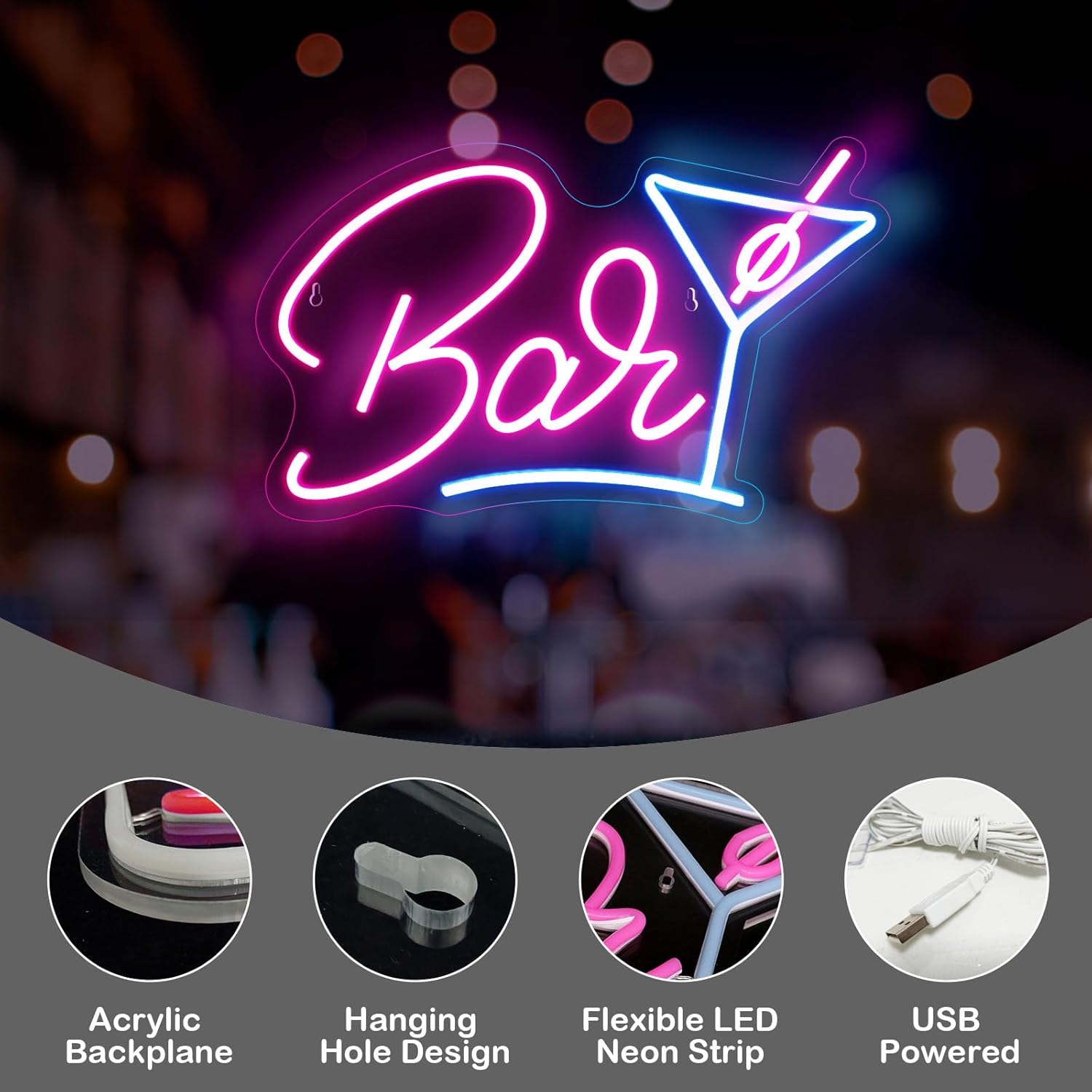 Bar Neon Sign with Cocktail Glass - LED Wall Light for Home Bar & Party Decor - Deen neon