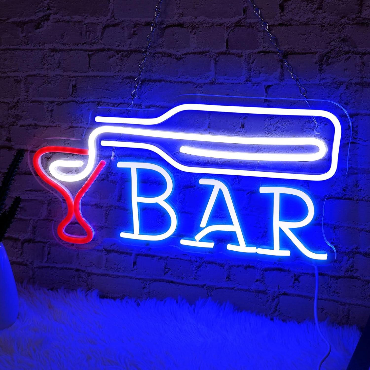 LED neon sign of liquor bottle pouring into a glass with BAR text