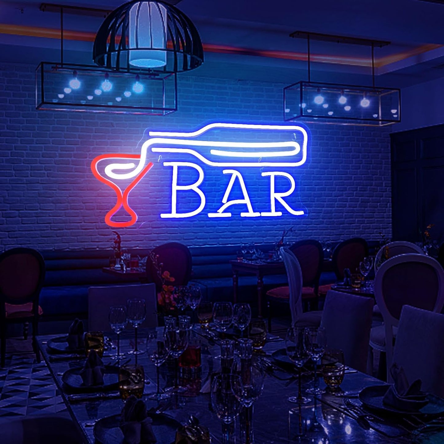 LED neon sign of liquor bottle pouring into a glass with BAR text