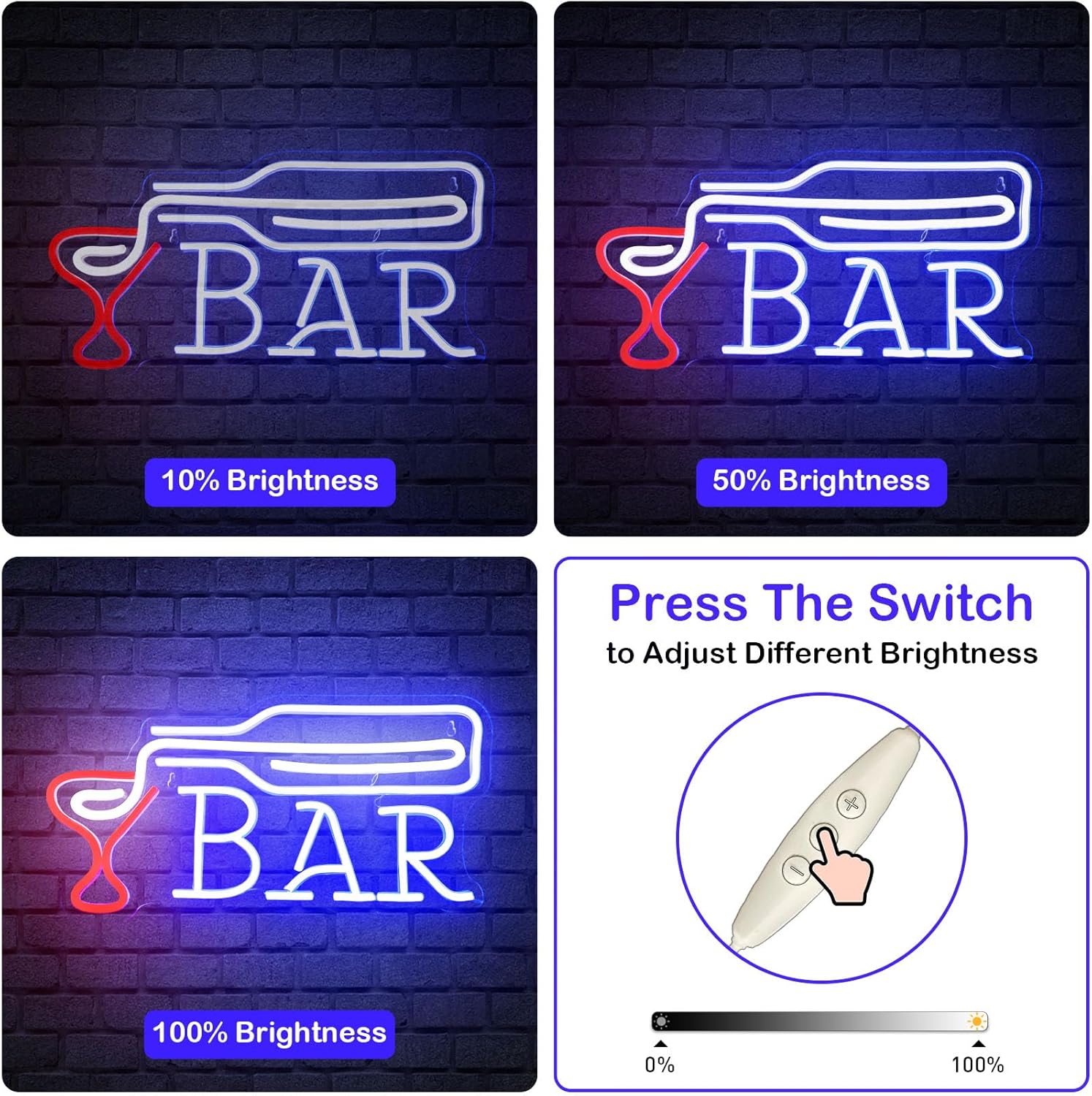 LED neon sign of liquor bottle pouring into a glass with BAR text