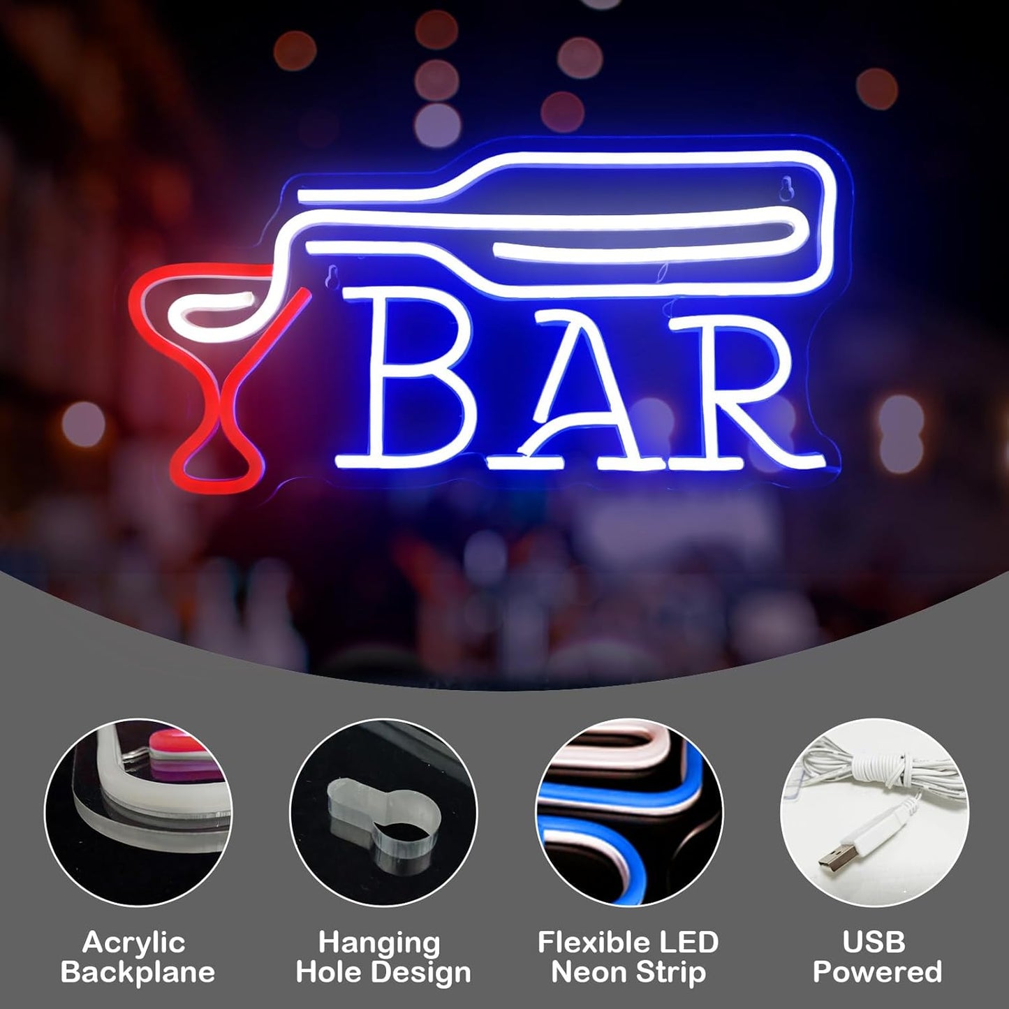 LED neon sign of liquor bottle pouring into a glass with BAR text