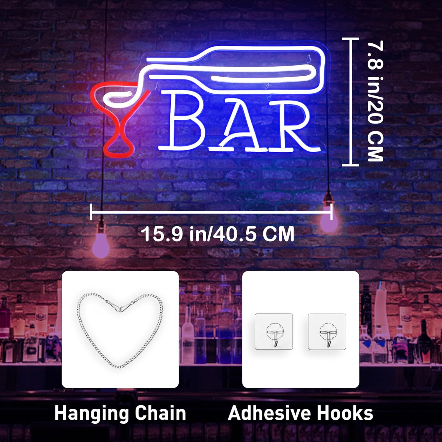 LED neon sign of liquor bottle pouring into a glass with BAR text