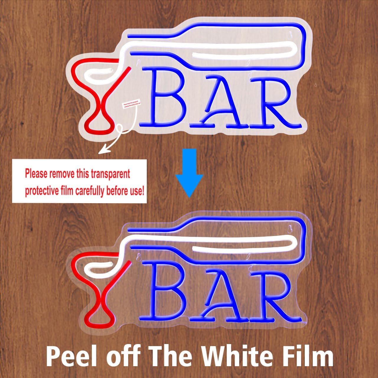 LED neon sign of liquor bottle pouring into a glass with BAR text