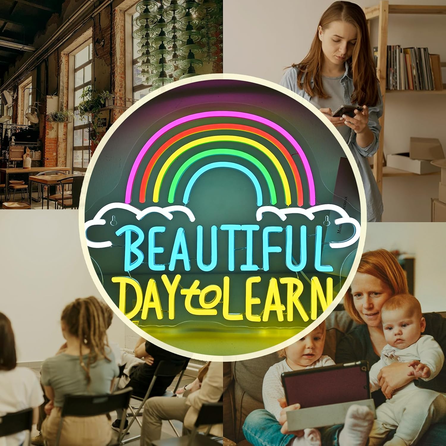 LED neon sign with “Beautiful Day to Learn” text and a rainbow above – inspirational wall décor for schools or kids' rooms
