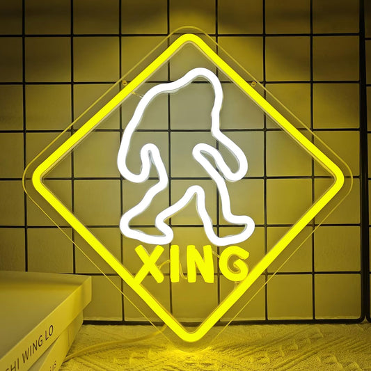 Bigfoot crossing neon sign with LED lights in a square frame and "XING" text below