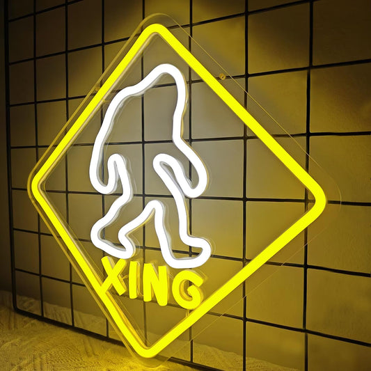 Bigfoot crossing neon sign with LED lights in a square frame and "XING" text below
