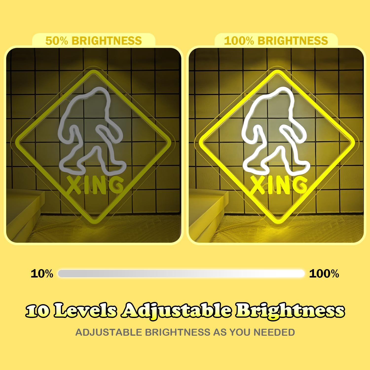 Bigfoot crossing neon sign with LED lights in a square frame and "XING" text below