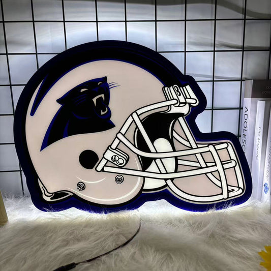 LED neon sign shaped like a football helmet with a roaring black panther emblem, perfect for game room and man cave decor.