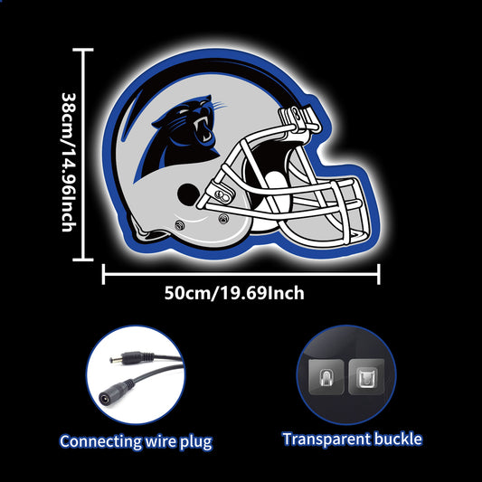 LED neon sign shaped like a football helmet with a roaring black panther emblem, perfect for game room and man cave decor.
