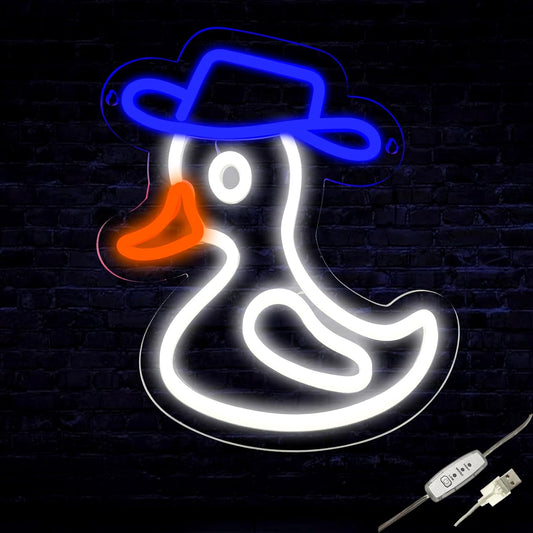 Cute duck neon sign wearing a blue hat, glowing on wall decor