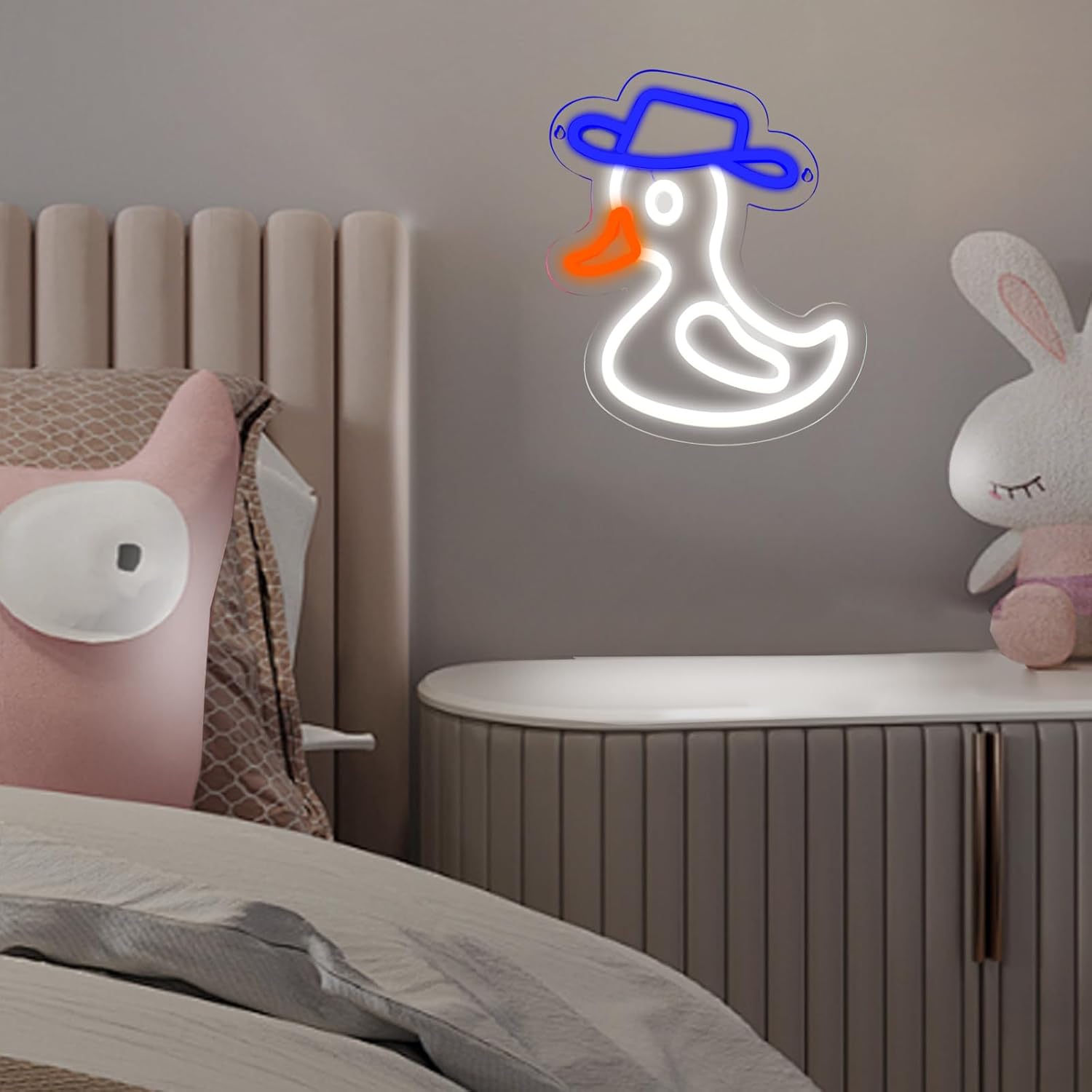 Cute duck neon sign wearing a blue hat, glowing on wall decor