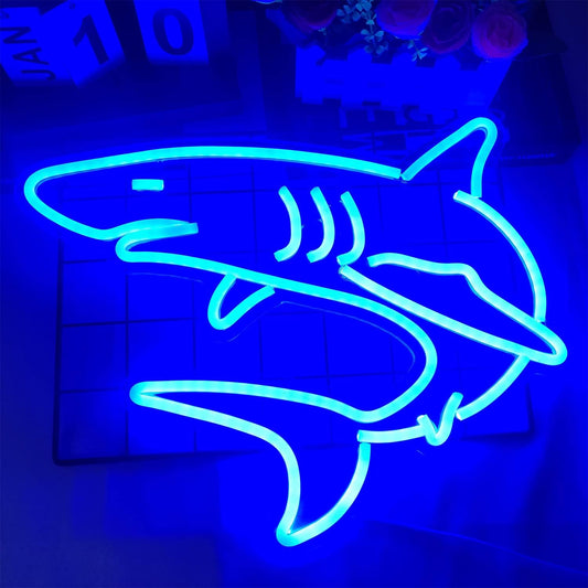 Blue glowing shark neon sign – LED wall decor light for ocean lovers, game rooms, or kids' bedrooms