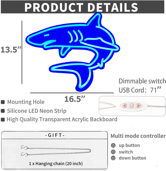 Blue glowing shark neon sign – LED wall decor light for ocean lovers, game rooms, or kids' bedrooms