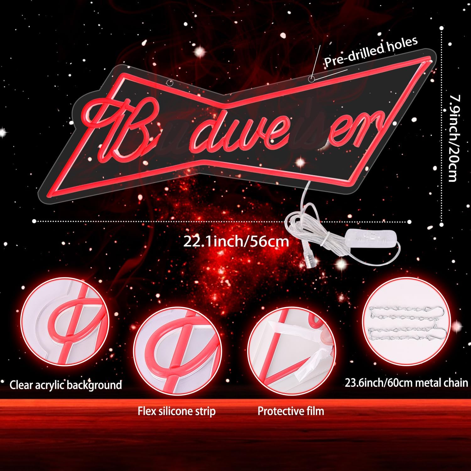 Budweiser Neon Sign - Red LED Light for Bar, Man Cave & Home Decor - Deen neon
