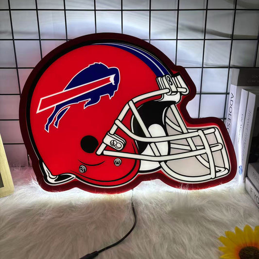 LED neon sign shaped like a Buffalo Bills football helmet with the charging buffalo logo, ideal for NFL fans and football-themed wall decor.